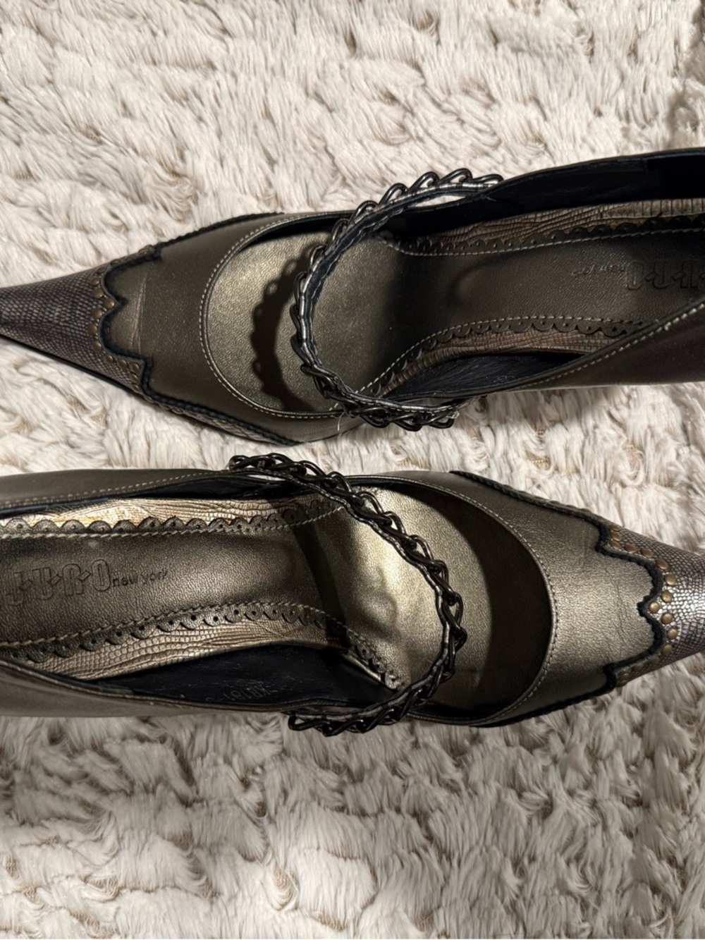 Braided-Strap Metallic Olive Green Pointed Mary Jane Pumps